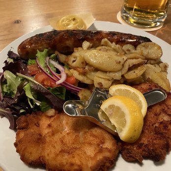 Wurst & Schnitzelhaus - WuSH - Chicken schnitzel, wurst, potatoes and side salad. Amazingly delicious. - German Near Me - Amsterdam, New Hampshire Wurst & Schnitzelhaus - WuSH - Chicken schnitzel, wurst, potatoes and side salad. Amazingly delicious. - German Near Me - Amsterdam, New Hampshire