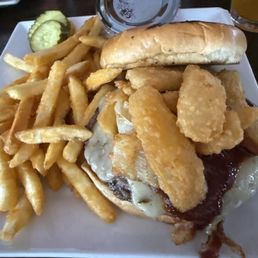 The Rodeo Burger with fries and pickles gravy on the side. The Rodeo Burger with fries and pickles gravy on the side.