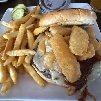 Duskee's Sports Bar & Grill - The Rodeo Burger with fries and pickles gravy on the side. - Sports Bars Near Me - Phoenix, New York Duskee's Sports Bar & Grill - The Rodeo Burger with fries and pickles gravy on the side. - Sports Bars Near Me - Phoenix, New York