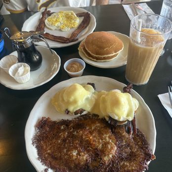 The Original Pancake House - Eggs benedict with normal crispy bacon and potato pancakes - Juice Bars & Smoothies Near Me - Poway, California The Original Pancake House - Eggs benedict with normal crispy bacon and potato pancakes - Juice Bars & Smoothies Near Me - Poway, California