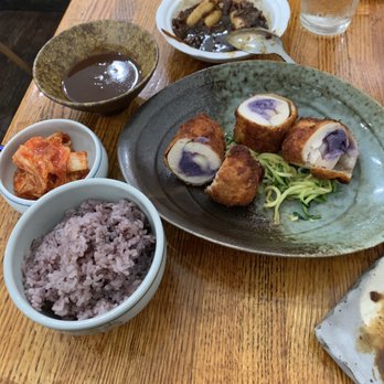 O'Kims - Stuffed chicken katsu...I think the purple thing was Okinawa sweet potato - Korean Near Me - Honolulu, Hawaii
