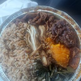 Rice n peas, stewed chicken, Collard Greens n sweet yams. Rice n peas, stewed chicken, Collard Greens n sweet yams.