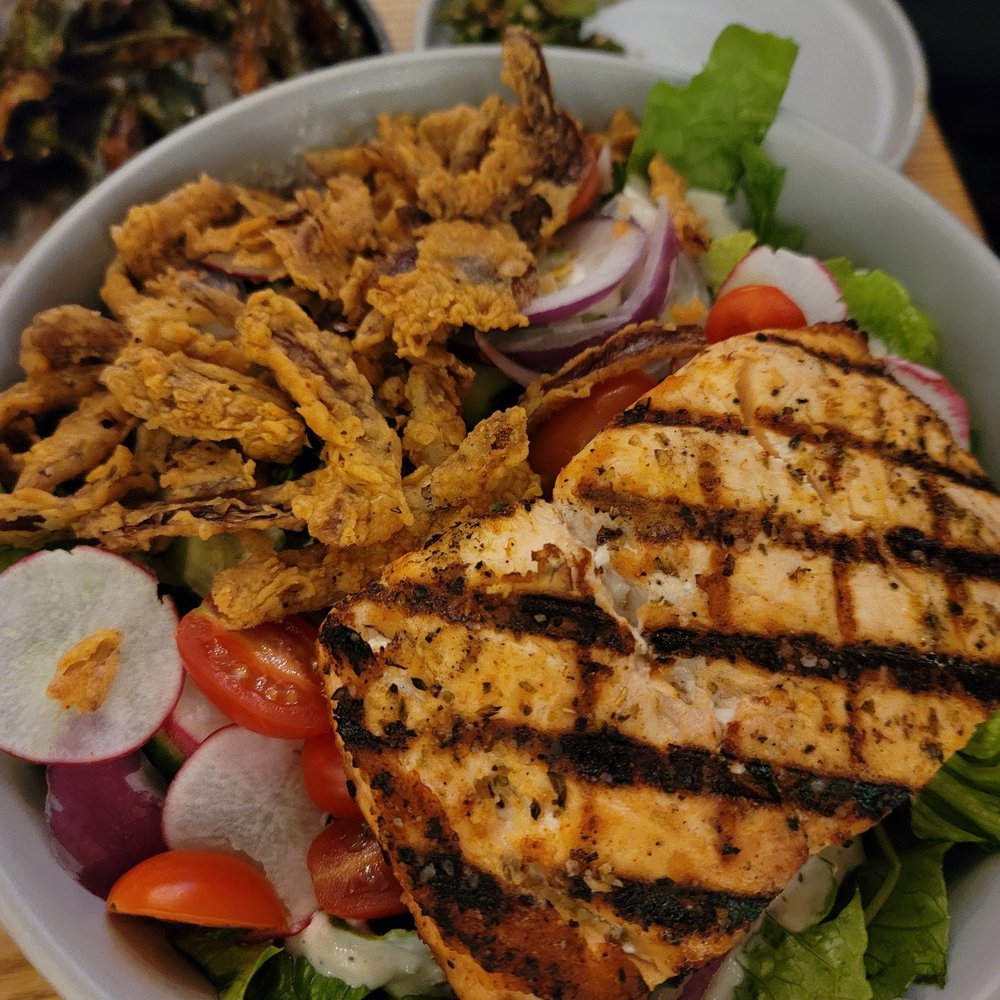 Batch Local Kitchen - Steakhouse salad (but with salmon because my wife was all steaked out) - Cocktail Bars Near Me - West Palm Beach, Florida