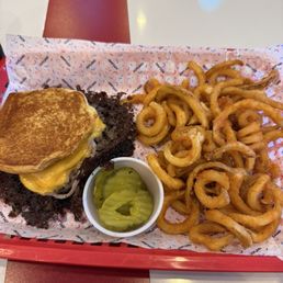 Burger, curly fries