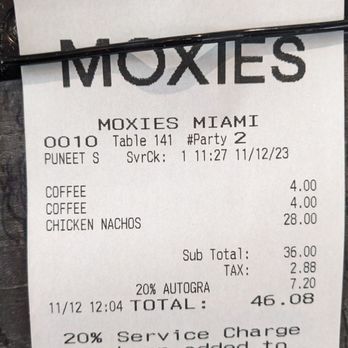 Moxies - Receipt - Lounges Near Me - Miami, Florida