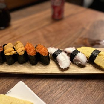 Kata Robata - Ikura, 2 uni, 2 tobiko, 2 tako and one tamago sushi - Sushi Bars Near Me - Houston, Texas