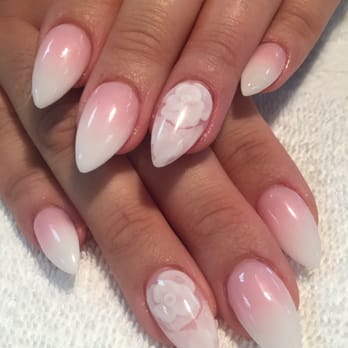 The Nails Plaza - French Ombré Stiletto/Almond shape acrylics with 3D flowers by David. - Nail Salons Near Me - Diamond Bar, California The Nails Plaza - French Ombré Stiletto/Almond shape acrylics with 3D flowers by David. - Nail Salons Near Me - Diamond Bar, California