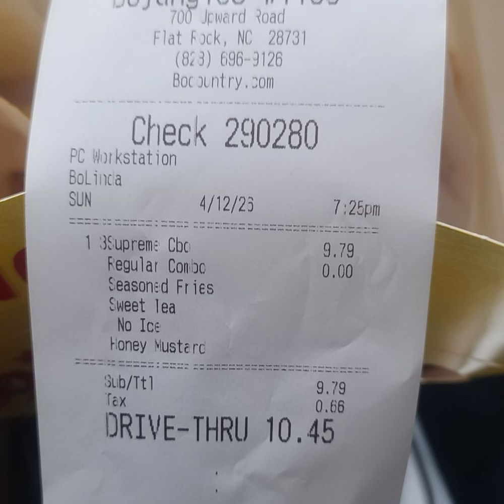 Bojangles - Receipt from bad food. - Fast Food Near Me - Flat Rock, North Carolina