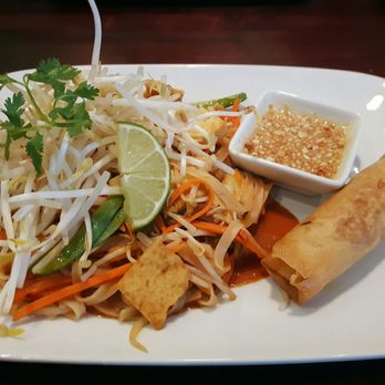 Thai Sun - Lunch special - chicken pad thai and coconut shrimp ($13.99), but I subbed in tofu and a spring roll to make this veggie-friendly - Caterers Near Me - Waterloo, Ontario
