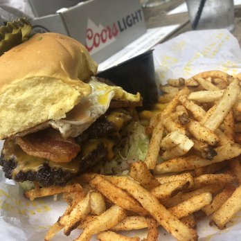 Rogers Roundhouse - BYO Burger with fried egg, bacon, cheese, and jalapeños. - Beer Gardens Near Me - Fort Worth, Texas Rogers Roundhouse - BYO Burger with fried egg, bacon, cheese, and jalapeños. - Beer Gardens Near Me - Fort Worth, Texas