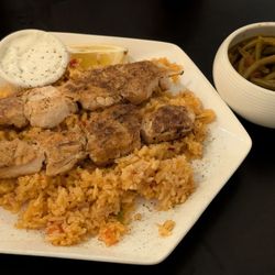 Panagiota’s - Dry chicken skewers with overcooked mushy rice and extremely spicy green beans.