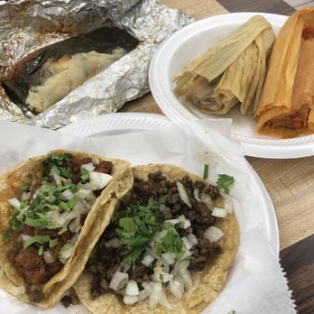 Tamales Mary - Tacos Pastor (fantastic!) and steak; black bean & cheese tamale, red chicken tamale; bone-in pork tamale in banana leaf - Mexican Near Me - Wyoming, Michigan