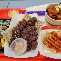 K Bunsik - Kimbap, soon-dae, crispy spicy rice cake, sweet and spicy chicken bites with rice cakes