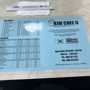 Kim Chee II Restaurant - Menu. Saturday June 6, 2026 - Korean Near Me - Honolulu, Hawaii