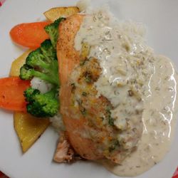 The Fox Goes Free - Lobster &a Shrimp stuffed Salmon w/ citrus dill cream sauce, rice and vegetables