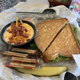 Chicken salad BLT with potato soup.