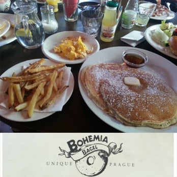 Bohemia Bagel Bar & Grill - Fluffly pancakes, scrambled eggs with cheese, and french fries all washed down with apple juice - Bagels Near Me - Prague, Puerto Rico Bohemia Bagel Bar & Grill - Fluffly pancakes, scrambled eggs with cheese, and french fries all washed down with apple juice - Bagels Near Me - Prague, Puerto Rico