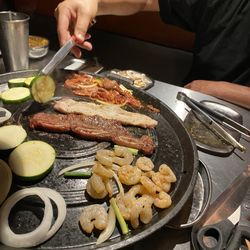 Volcano Korean Bbq - Beef bulgogi, Pork Belly, Cajun shrimp, short ribs, and veggies...