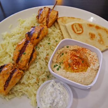 Cafe Moderno - Chicken Kabob plate with Hummus and Basmati Rice Pilaf - Cafes Near Me - Montclair, California