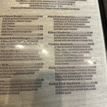 Abe's Hideout - Burger page.  There's a lot to the menu that has many pages. - American Near Me - Springfield, Illinois