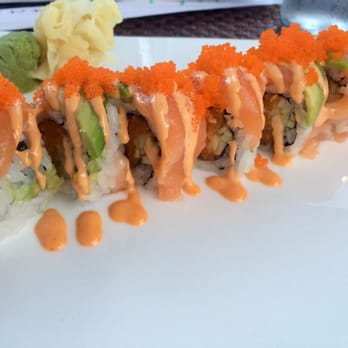 Pink Basil - Pink basil roll (spicy salmon roll covered in salmon, avocado, tobiko & spicy mayo). Yummy!! - Asian Fusion Near Me - Mystic, Connecticut