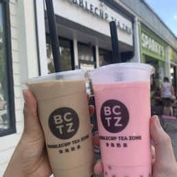 Vanilla chai milk tea (left) Strawberry milk tea (right)