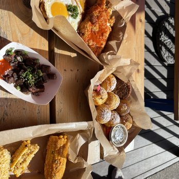 Katalina's - Apple pumpkin Pancake balls, elote, chicken sandwiche, side of purple potatoes - Breakfast & Brunch Near Me - Columbus, Ohio Katalina's - Apple pumpkin Pancake balls, elote, chicken sandwiche, side of purple potatoes - Breakfast & Brunch Near Me - Columbus, Ohio
