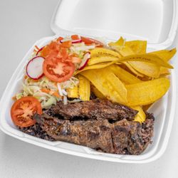 Roger’s Cuisine - Carne asada (grilled steak), chips plantain, rice and beans mix