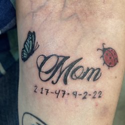 Iron Orchid Tattoo - Mom with a ladybug & butterfly & my mom's birthday and death date.