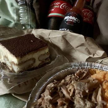 Angel’s Latin Restaurant - The Pork (what an understatement!) Tiramisu, Cokes & my killer hotsauce holy moly yumm - Latin American Near Me - Catskill, New York