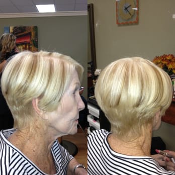 Blonde With A Few Chunkier Lowlights Short Stacked A Line Yelp