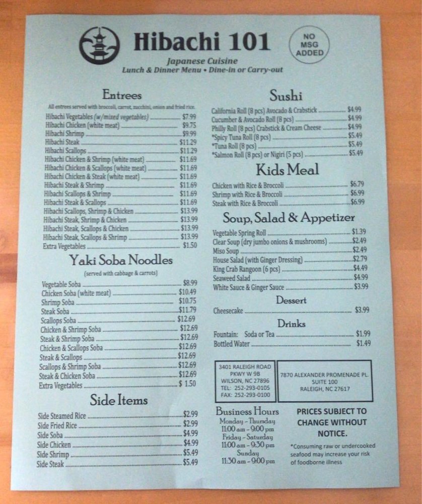 HIBACHI 101 25 Reviews 3401 Raleigh Road Pkwy W, Wilson, NC Menu