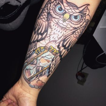 Lighthouse Tattoo - Owl and hour glass still going back for color :) - Tattoo Near Me - Auburn, California Lighthouse Tattoo - Owl and hour glass still going back for color :) - Tattoo Near Me - Auburn, California
