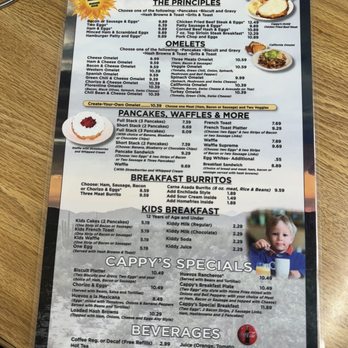 Cappy's Breakfast Cafe - Menu - Menu from Cappy's Breakfast Cafe in Tucson, AZ, featuring breakfast items, omelets, pancakes, waffles, and drinks, with prices and descriptions. - Breakfast & Brunch Near Me - Tucson, Arizona