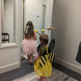 Our girls walking out of the dressing room in their costumes