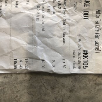 Motto Tea Cafe - Receipt - Bubble Tea Near Me - San Gabriel, California