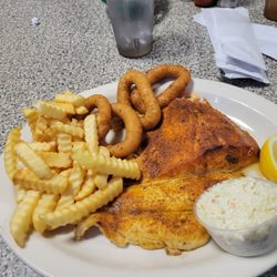 Broiled fish, fries and hush puppies