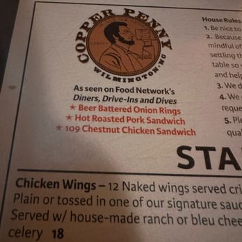 Copper Penny - Logo on the menu! Also my kiddos were quite excited over the house rules and reading them repeatedly to ensure they/we weren't in violation. - American Near Me - Wilmington, North Carolina Copper Penny - Logo on the menu! Also my kiddos were quite excited over the house rules and reading them repeatedly to ensure they/we weren't in violation. - American Near Me - Wilmington, North Carolina