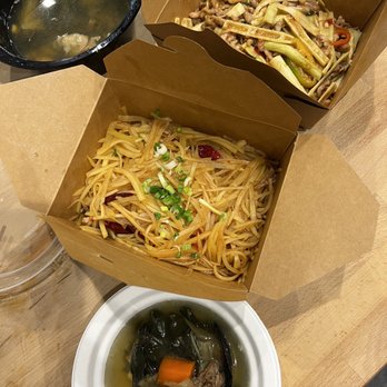 Early Bird Cafe - Sour And Spicy Shredded Potatoes (middle; good) and Shredded Pork Sauteed With Bamboo Shoot (top; good).  Soup was too gamy like a liver. - Dim Sum Near Me - Kirkland, Washington