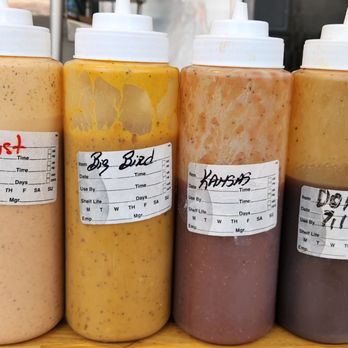 Cornerstone BBQ - The sauces. All were delish!! Each had its own distinct personality!! - Smokehouse Near Me - Redlands, California