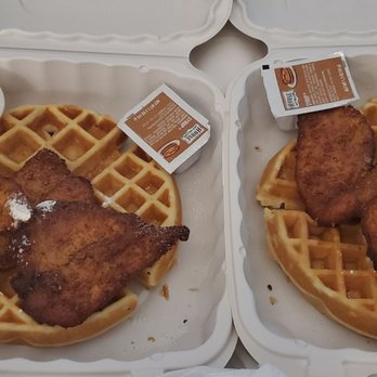 Hashes & Brews - Burnt chicken strips and soggy waffles yuck. Going in the trash - Bars Near Me - San Bruno, California