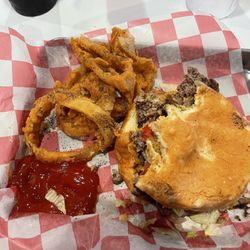 Nana's - Double cheeseburger and onion rings.