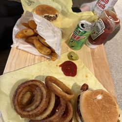 Bill's Jumbo Burger - Double cheeseburger, seasoned potato wedges and onion rings.