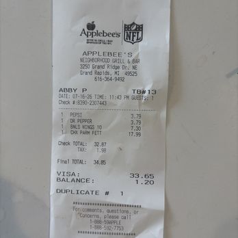 Applebee's Grill + Bar - This is the receipt I received - Sports Bars Near Me - Grand Rapids, Michigan Applebee's Grill + Bar - This is the receipt I received - Sports Bars Near Me - Grand Rapids, Michigan