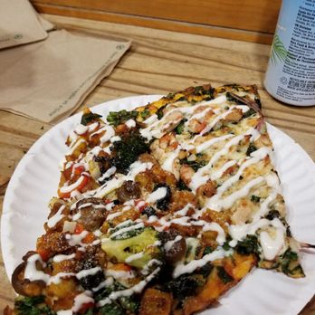 Fire Pizza - Stir fry pizza on the left and chicken Caesar on the right - Pizza Near Me - Vancouver, British Columbia