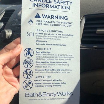 Bath & Body Works - Candle burning information warning for safety - Cosmetics & Beauty Supply Near Me - Brentwood, California