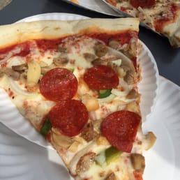 Supreme slice- pepperoni, sausage, chicken, mushrooms, peppers and onions.