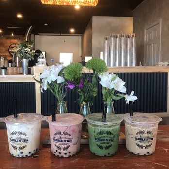 Bubble N Tea - left to right: jasmine, strawberry black tea, matcha strawberry, earl grey - Coffee & Tea Near Me - Beaverton, Oregon
