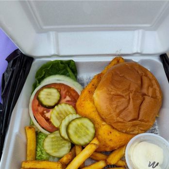 Mullarkeys Bar & Grill - Chicken Sandwich with lettuce, tomato, onion, pickles and mayo with french fries. - Pubs Near Me - Mount Morris, Illinois