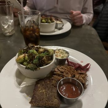 The Shaved Duck - 2 Meats (Meatloaf & Pulled Pork) & Brussel sprouts - Soul Food Near Me - St Louis, Missouri The Shaved Duck - 2 Meats (Meatloaf & Pulled Pork) & Brussel sprouts - Soul Food Near Me - St Louis, Missouri